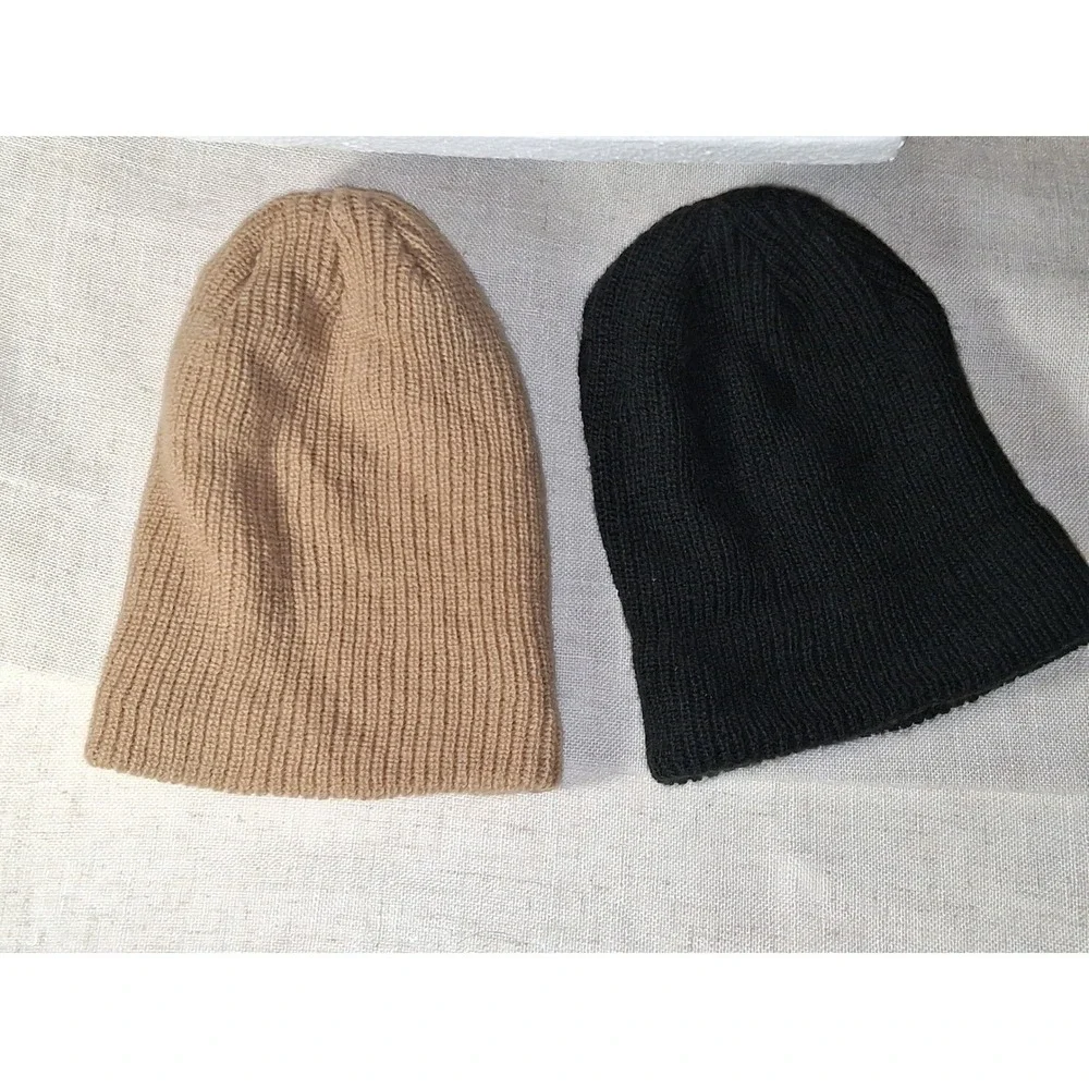Bebila Kids Beanie Hat Set 2 Pack Black Tan Ribbed Knit Acrylic Winter Caps